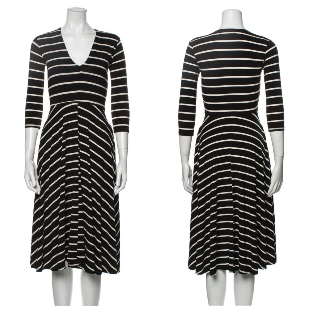 Feminine Going Out Reformation Midi Dress Black White Striped V-Neck XXS Stretch